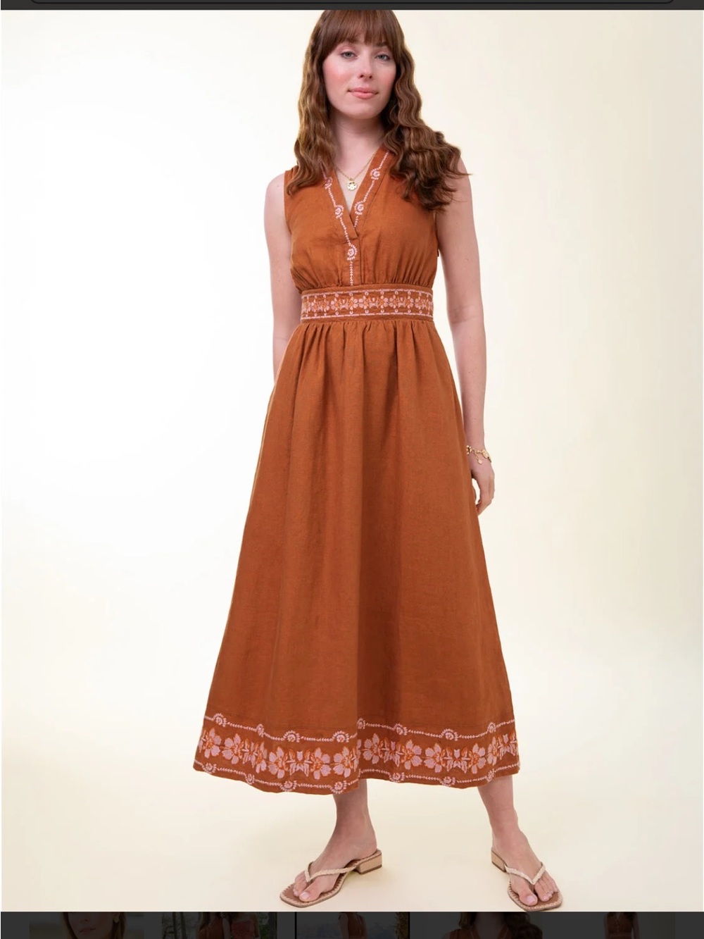 Spartina 449 Jennifer Midi Mocha Dress 100% Linen Embroidered Floral - Picture 2 of 9